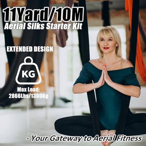 Aerial Silks Kit & Aerial Yoga Hammock - 11Yd Fabric - Black