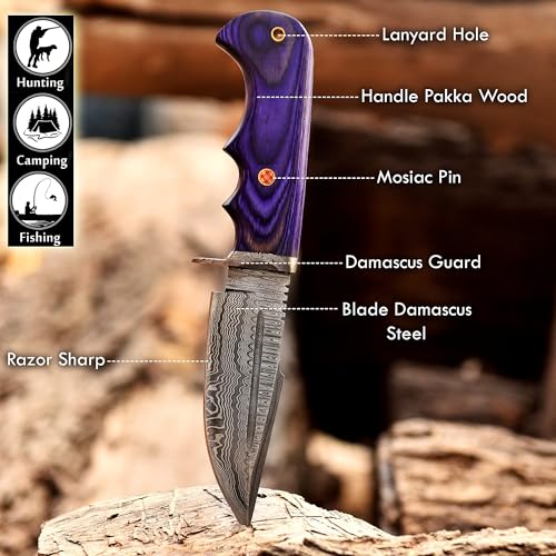 Damascus Hunting Bowie Knife with Leather Sheath - Outdoor Fixed Blade Knife for Camping & Skinning