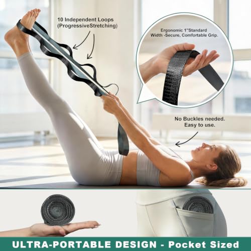 Stretching Strap with Loops for Leg & Back Therapy - Black