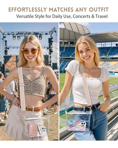 Clear Purse for Stadium Events - Beige Herringbone Crossbody Bag