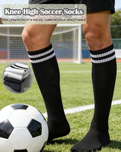 Striped Knee High Athletic Soccer Socks - Large Black