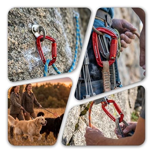 FresKaro 4-Inch UIAA & CE Certified Auto Lock Carabiner 2pcs - Lightweight Aluminum for Climbing & Rappelling, Red