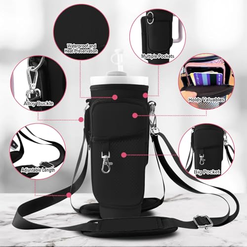 Black Stanley 30oz/40oz Tumbler Carrier Bag with Phone & Pockets, Adjustable Strap