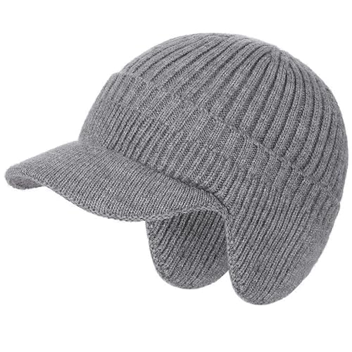Men's Winter Knitted Baseball Beanie with Earflaps - Grey