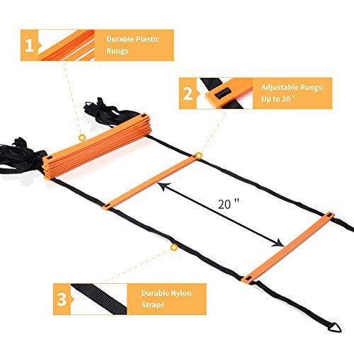 Agility Ladder and Cones Set - 20 Feet with 12 Rungs, Carry Bag & 10 Cones