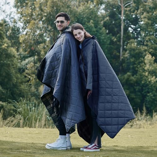 DUKUSEEK Waterproof Camping Blanket with Hood - Large Fleece Picnic Blanket for Outdoor, Stadium, Concerts, Car, Pet (Wine Red Plaid)
