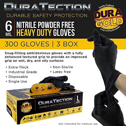 Dura-Gold Heavy Duty Black Nitrile Disposable Gloves, 6 Mil - Latex Free, Powder Free, Textured Grip