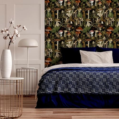 Jeweluck Floral Peel and Stick Wallpaper Mushroom Contact Paper 17.7 in x 24.2 ft Flower Removable Wallpaper Forest Peel and Stick Black Decorative Vinyl