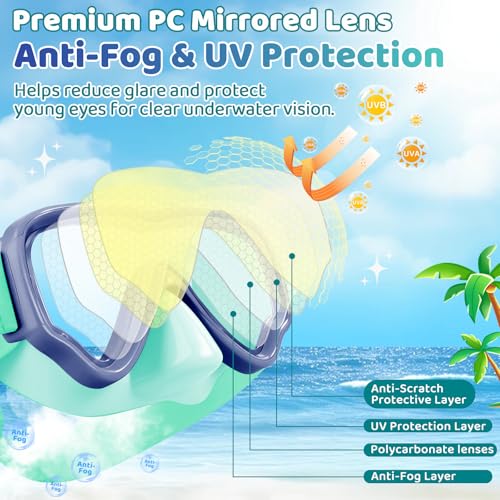 Kids Swim Goggles with Nose Cover Mirrored Green - No Leak, Adjustable, UV Protection, 3-14 Years