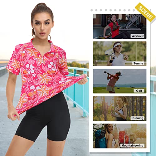 Womens Quarter Zip Polo Shirt - Short Sleeve Quick Dry Athletic Top - Small Pink Floral