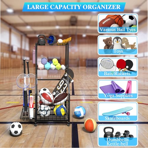 Garage Sports Equipment Organizer with Wheels - 3-Tier Ball Storage Rack