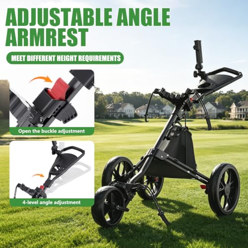 Golf Push Cart with Brake, Adjustable Handle & Cooler Bag