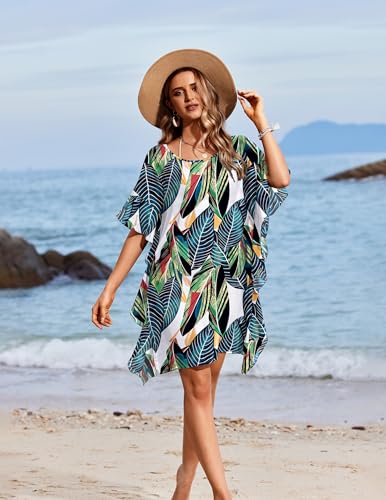 Floral Chiffon Swimsuit Coverup - Leaf Green, X-Large