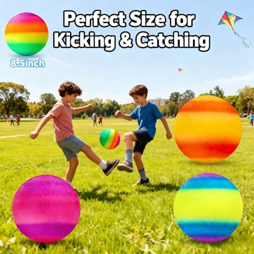 INTOWIND Rainbow 4 Pack 8.5in Playground Balls - Kids Dodgeball Kickball Set with Hand Pump
