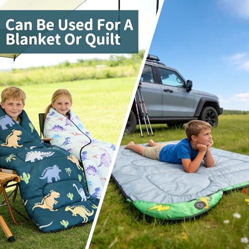 Kids Camping Sleeping Bag - Green Dinosaur, Lightweight Waterproof 3-Season for Boys & Girls