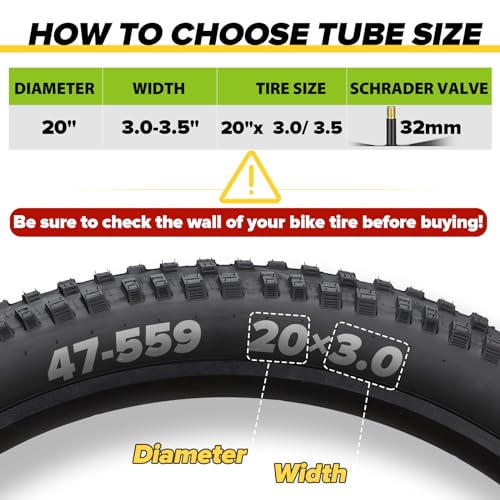 Hydencamm 20x3.0-3.5 Fat Bike Inner Tube | 20x3.0/3.5, 32mm Schrader Valve, 2 Pack