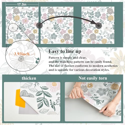 Rugreat Modern Floral Peel and Stick Wallpaper Boho Flower Leaf Contact Paper for Cabinets and Drawers Self Adhesive Removable Wallpaper for Bedroom Bathroom Waterproof Multicolor 78.8inL 17.3inW