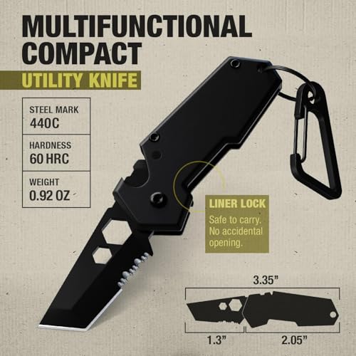 Mini Keychain Knife - 1.3" Tanto Serrated Blade - Midnight Black Multitool