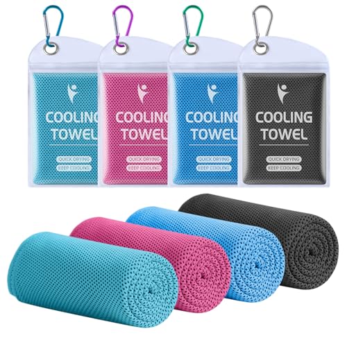 Cooling Towels 4 Pack - Breathable Quick Dry Gym Towels for Neck & Face - Rose Red/Blue/Light Blue/Dark Grey