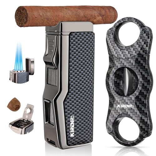 Kirenp Carbon Fiber All-in-One Cigar Lighter Set with V Cutter & Punch