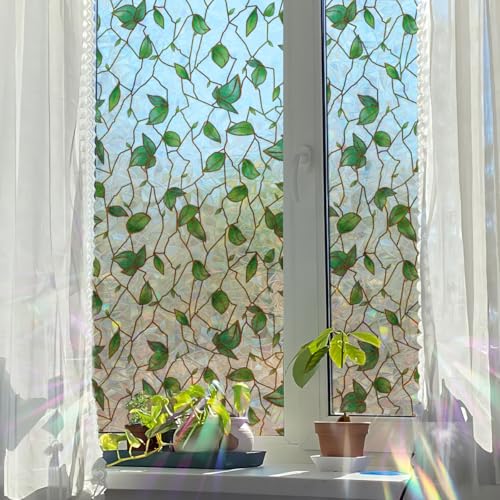 Runtoo Window Privacy Film Rainbow Leaves Window Clings 3D Decorative Vinyl Stained Glass Green Plant Vines Decals Static Sticker Non-Adhesive, 17 x 40 inches