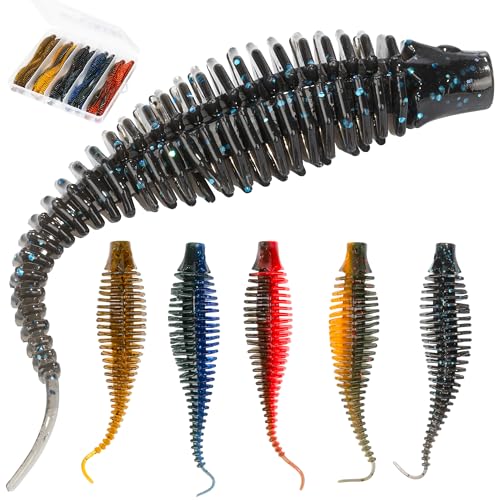 Bombrooster 4.75-20pcs Soft Plastic Worms Kit: Finesse Stick Worms & Ribbed Swimbait