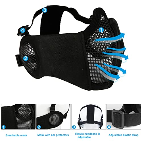 Airsoft Mask with Goggles - Foldable Half Face Mesh with Ear Protection - Black (2pcs)