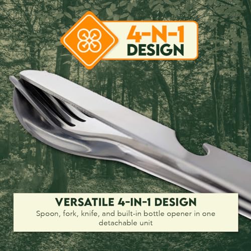 4-in-1 Stainless Steel Utensil Set - Spoon, Fork, Knife, Bottle Opener - 6.5" for Camping & Travel
