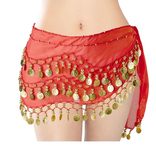 Belly Dance Hip Scarf with 128 Gold Coins - Red