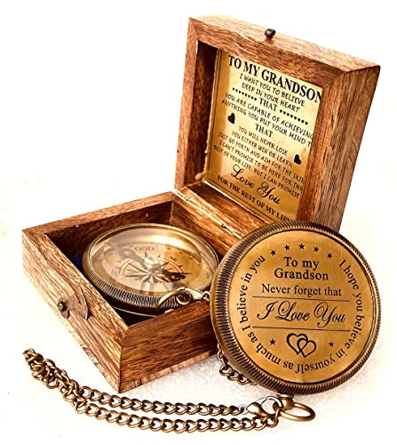 Engraved Brass Compass Gift for Grandson - I Love You