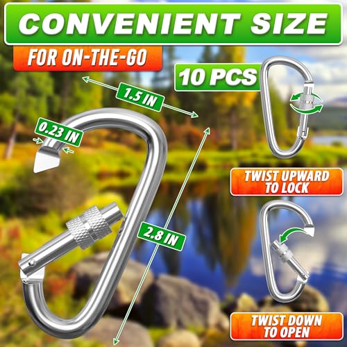 10 Pcs 3-Inch Aluminum Locking Carabiner Clips - Multicolor