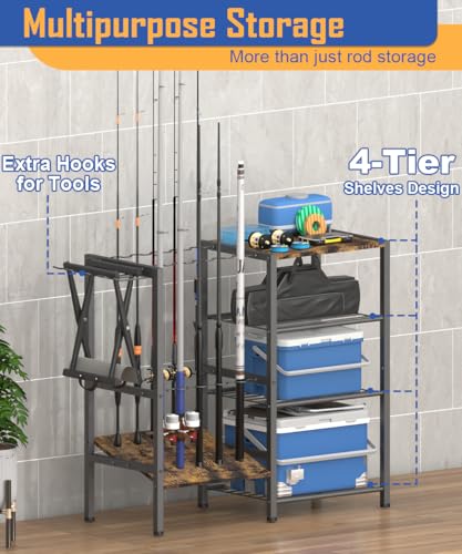 Tigerden Black Fishing Rod Holder for Garage - 4 Tier Multi-Use Storage Rack for Up to 10 Rods