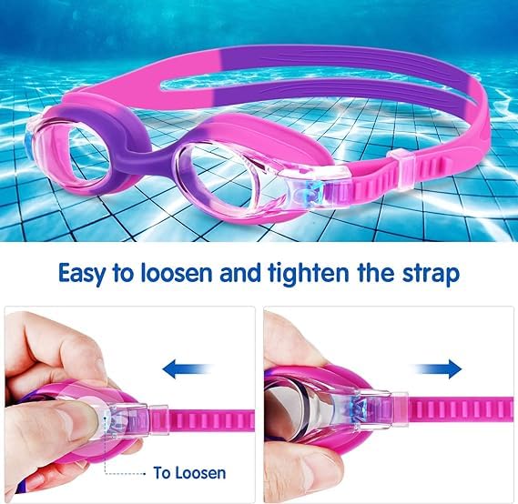 Kids Swim Goggles - Anti-Fog Lenses, UV Protection, Purple Pink