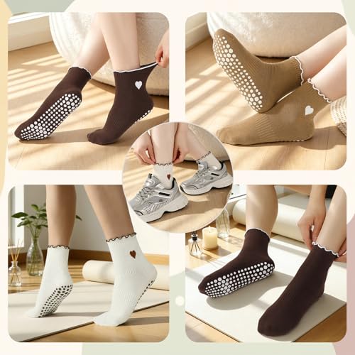 Frilly Pilates Socks with Grips - 6 Pairs, One Size, White/Brown/Coffee