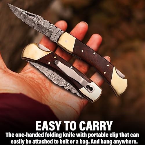 Bodacious Knives Damascus Folding Pocket Knife with Walnut Wood Handle and Sheath