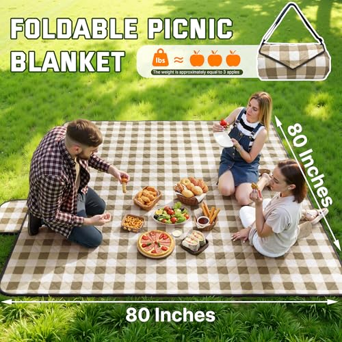 Extra Large Waterproof Picnic & Beach Blanket 80''x118'' Beige - Thick Padding, Portable & Easy to Clean