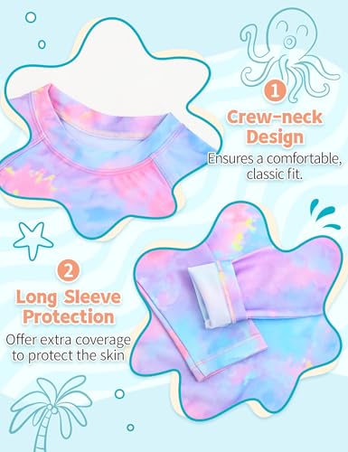 Girls Long Sleeve Rash Guard Swimsuit with Shorts - Tie Dye B, 10-12 Years