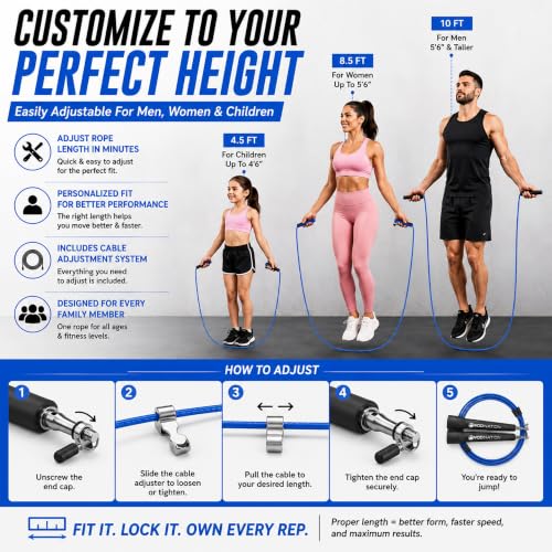 Adjustable Speed Jump Rope - Durable Fitness Skipping Rope for Men, Women & Children - Black
