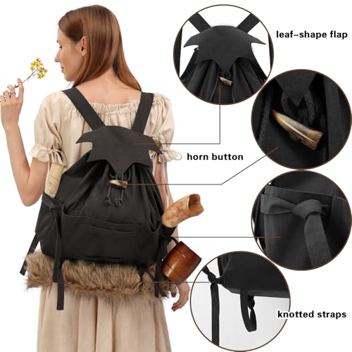 KUOIN Black Medieval Drawstring Backpack Renaissance Fantasy Bag for Cosplay & Ren Fairs