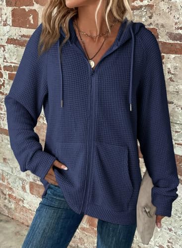 Dokotoo Women's Navy Blue Waffle Knit Full Zip Hoodie - Large