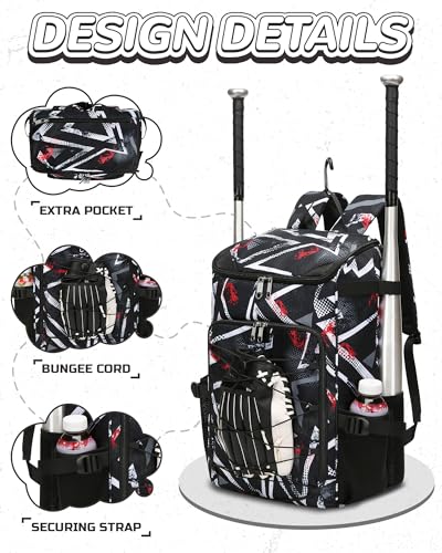 FOKDUVB Kids Baseball Softball Bag Black, Spacious Sports Equipment Organizer