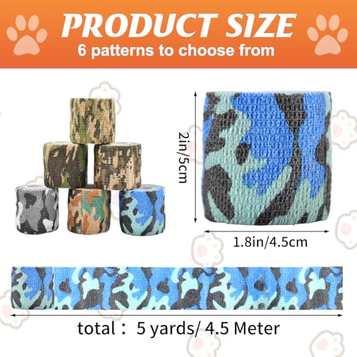 Cohesive Vet Wrap for Dogs & Cats - 6 Rolls, 2" x 5 Yards, Camouflage