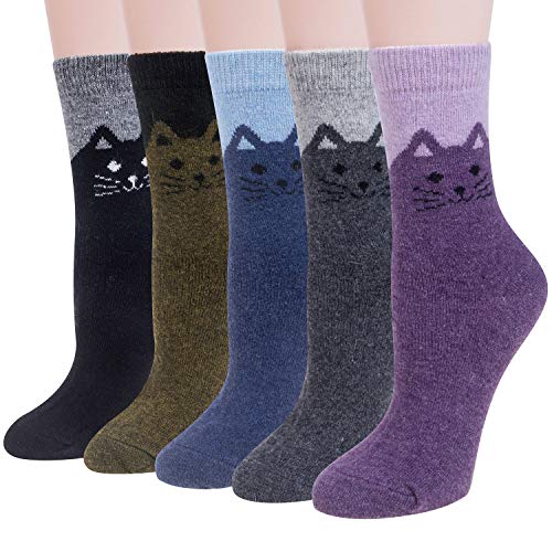 Justay 5 Pairs Wool Socks for Women, Winter Warm Cute Cat Crew
