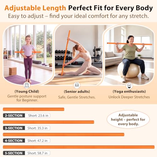 58" Steel Yoga Stick - Adjustable Exercise Bar for Mobility, Flexibility & Balance - Orange