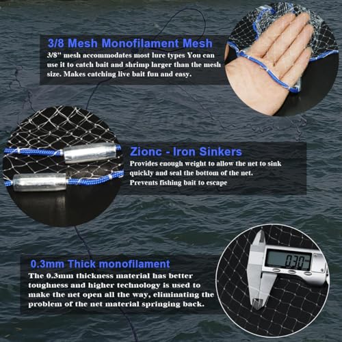 Drasry 10FT Cast Net with 3/8 Inch Mesh, Mono Zinc-Iron Sinkers, White B