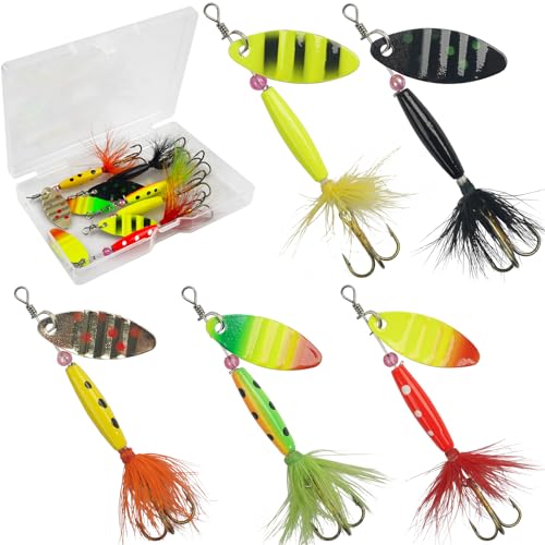 5pcs Spinner Baits Fishing Lures Kit with Rooster Feather Tail