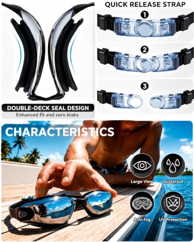 Swim Goggles with Anti-Fog Mirrored Lens and 180° Wide View