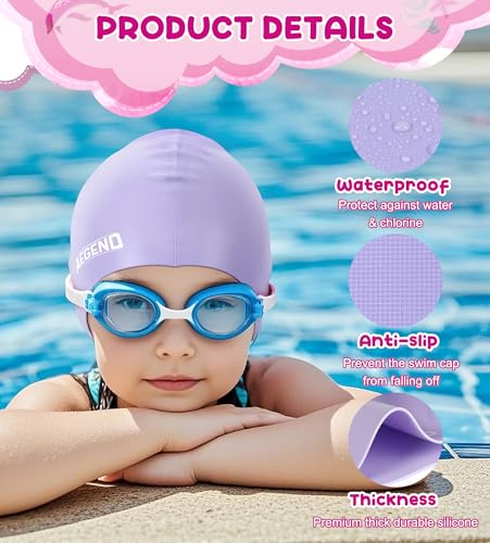 Aegend Kids Swim Cap 2 Pack - Light Pink & Light Purple (Age 3-8) Unisex Silicone