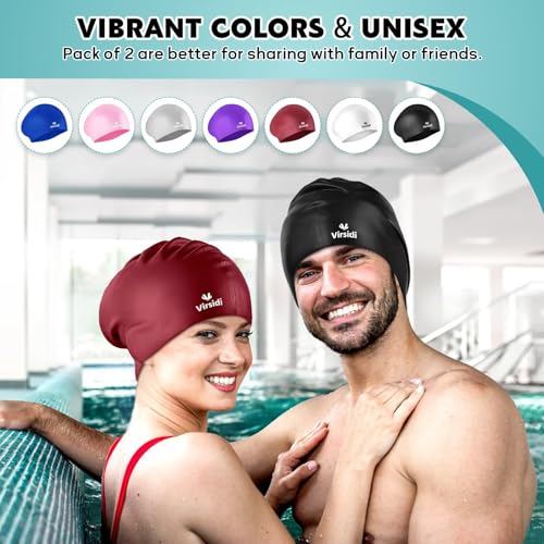 Silicone Swim Cap for Women Men Adults Black & Rose - Waterproof Hair Protection with Earplugs & Nose Clip