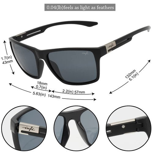 INFI Fishing Polarized Sunglasses for Men Driving Running Golf Sports Glasses Square UV Protection Designer Style Unisex (Matte Black/Smoke Lens)